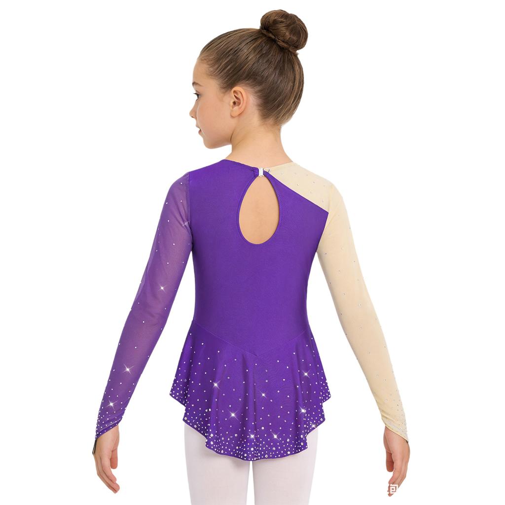 Girls Shiny Rhinestones Mesh Patchwork Dance Dress Asymmetrical Hem Long Sleeve Dancewear