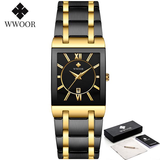 WWOOR Brand Luxury Gold Bracelet Men's Watches Fashion Square Quartz Wrist Watch For Men Stainless Steel Waterproof Reloj Hombre