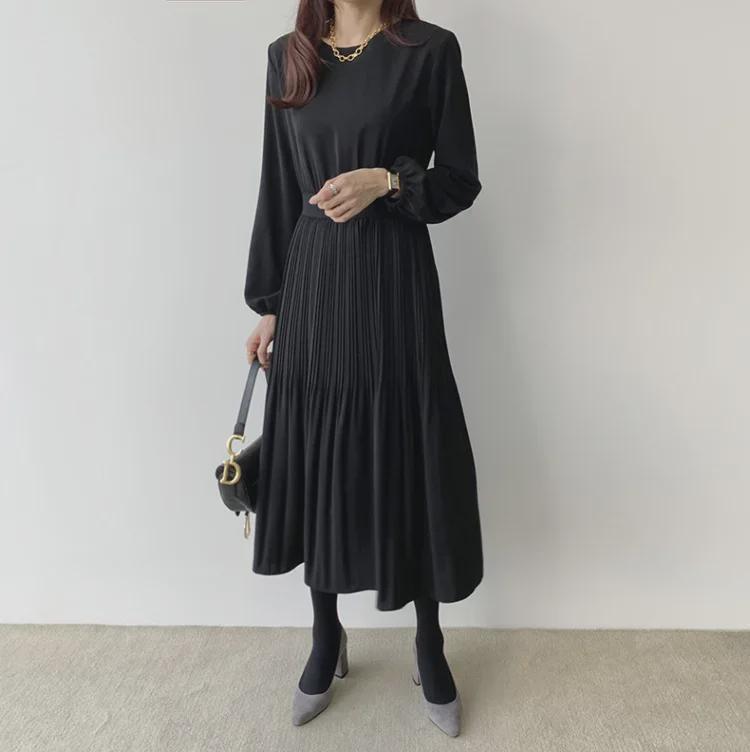 

Chic Korean Style 2023 Waist-Slimming Pleated Dress in Four Colors XL чёрный