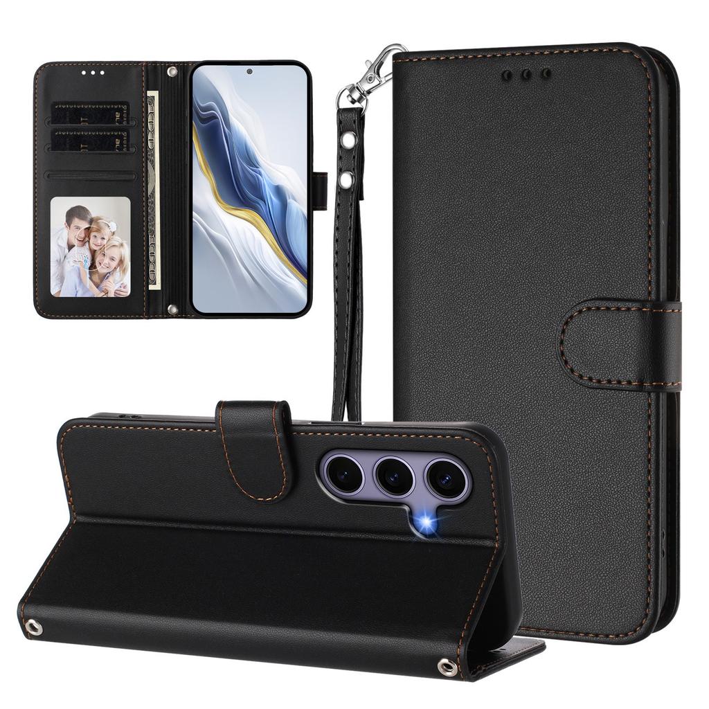 For Samsung Galaxy S24/Galaxy S25 Leather Case Wallet Stand Phone Cover with Wrist Strap