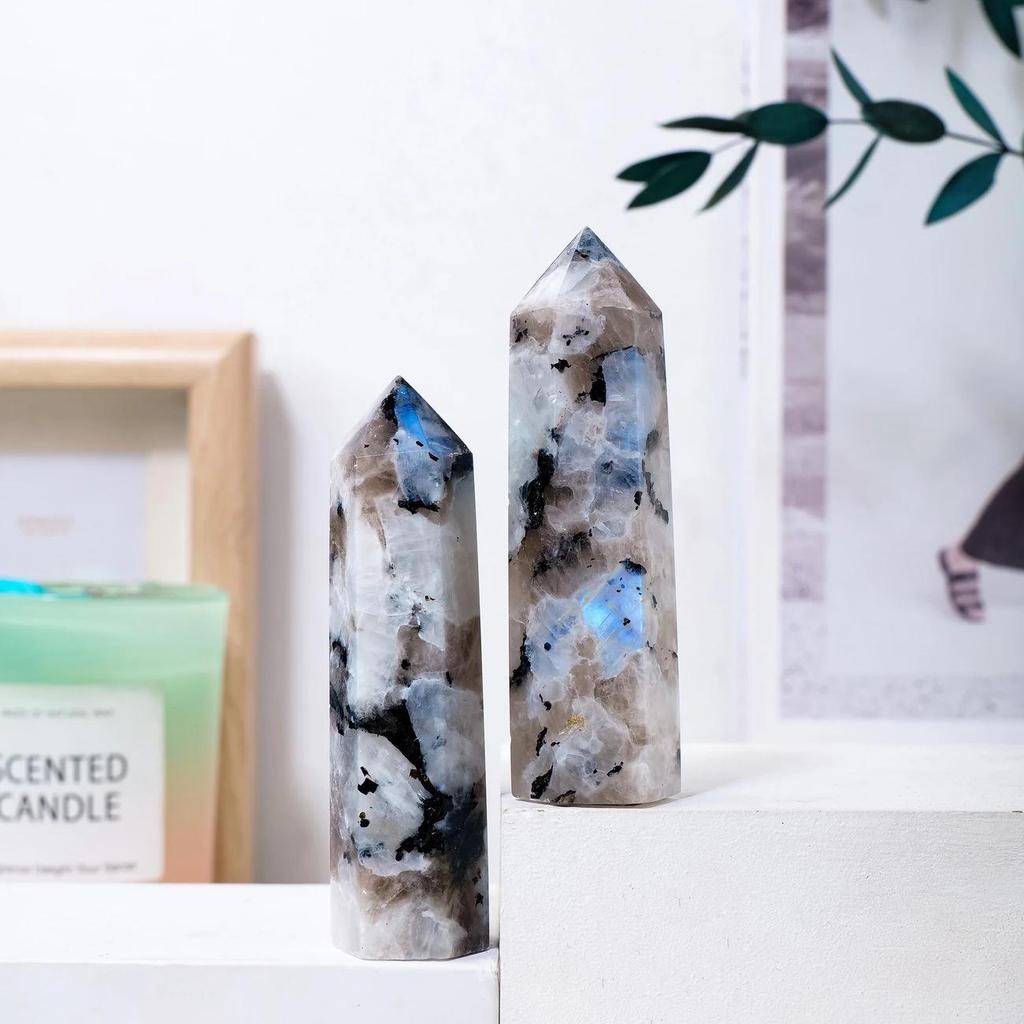 Natural Black Moonstone Hexagonal Prism Polished Energy Column Ornament