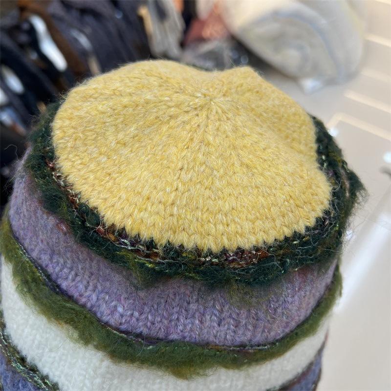 New Fashionable Contrasting Color Horizontal Striped Wool Blended Bucket Hat Women's Winter Face Small Warm Fisherman Hat