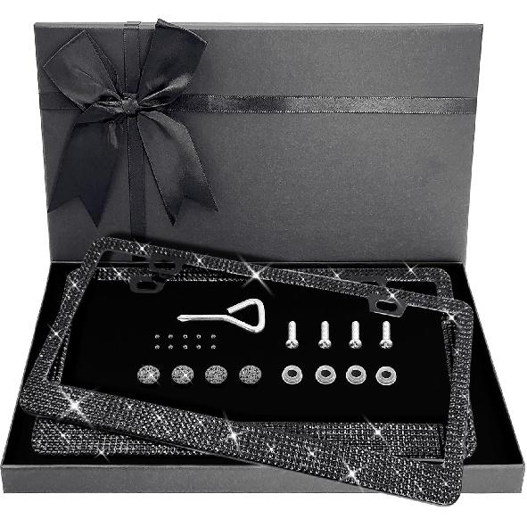 Bling Rhinestone License Plate Frame for Women 2PC, Sparkly Stainless Steel Frames & Over 1200 pcs Finest 14 Facets Black Glass Crystals Premium