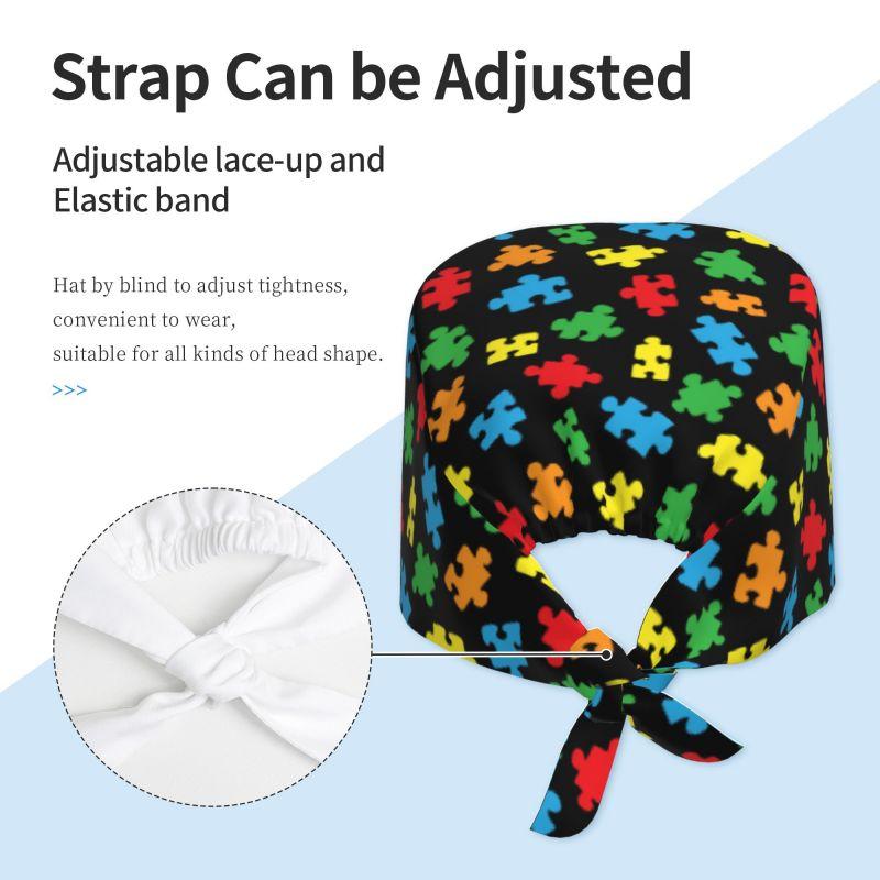 Autism Awareness Colorful Puzzle Pieces Working Cap Women Scrub Cap with Sweatband Adjustable Tie Back Hat Nurse Surgical Caps