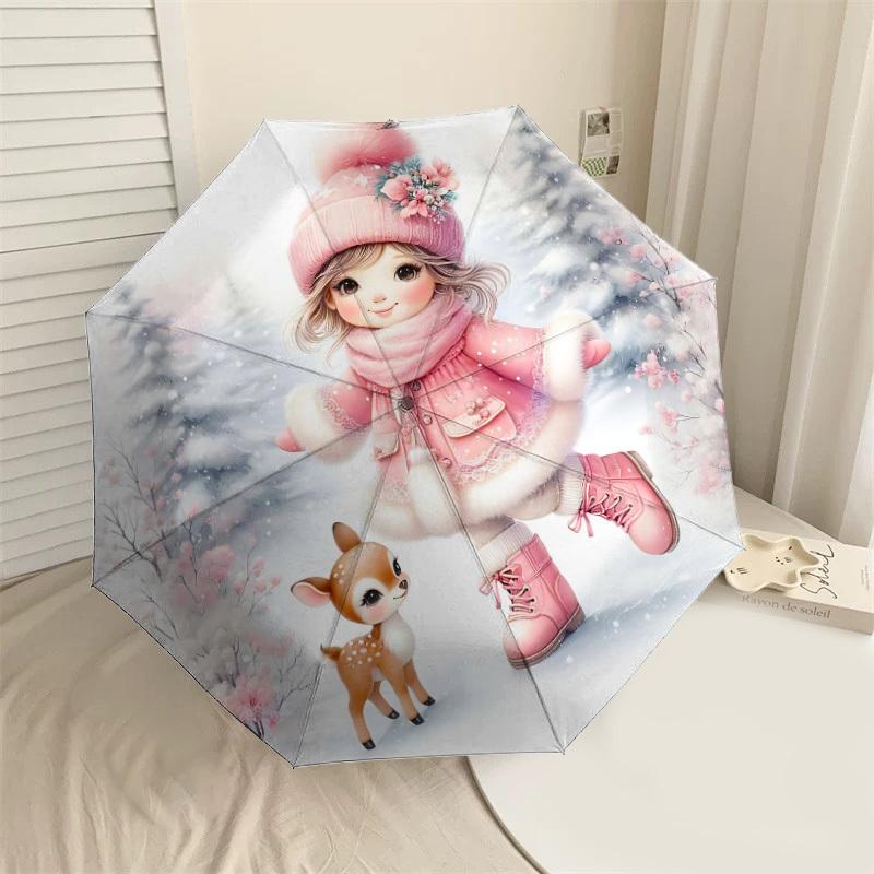 

1PC winter snowAutomatic Open/Close Umbrella with Windproof, 8-Rib Sturdy Canopy, Durable Ribs, Fashionable Design, Outdoor Accessory, Fun Prin, Holid