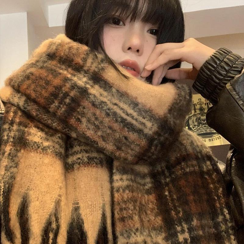 Maillard Brown Plaid Imitation Cashmere Scarf Women's Year Autumn and Winter Fringed Thickened Warm Shawl Scarf Tide