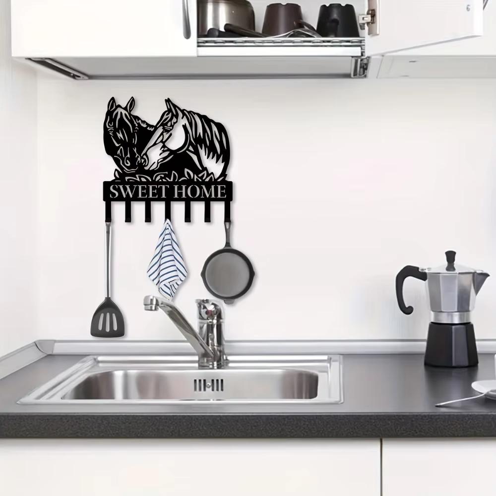 1pc, Wall Two Horse Head Metal Key Hanger, Multi-Purpose Clothes Bag Key Hook, Decorative Living Room Wall Hook, Metal Wall