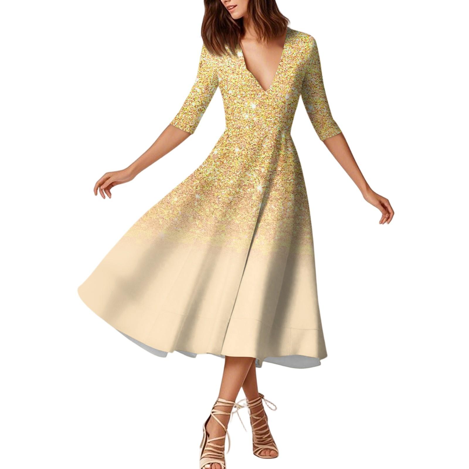 

Женское модное платье средней длины со средним рукавом и градиентным принтом, сексуальное платье с V-образным вырезом M золотой