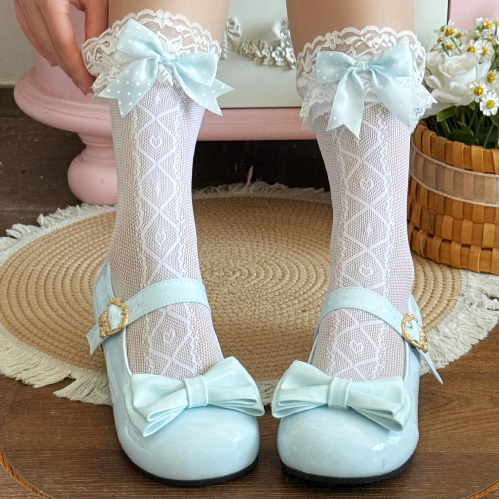 Lolita Lace Trim Mid Calf Socks With Bow For Girls Summer Fashion