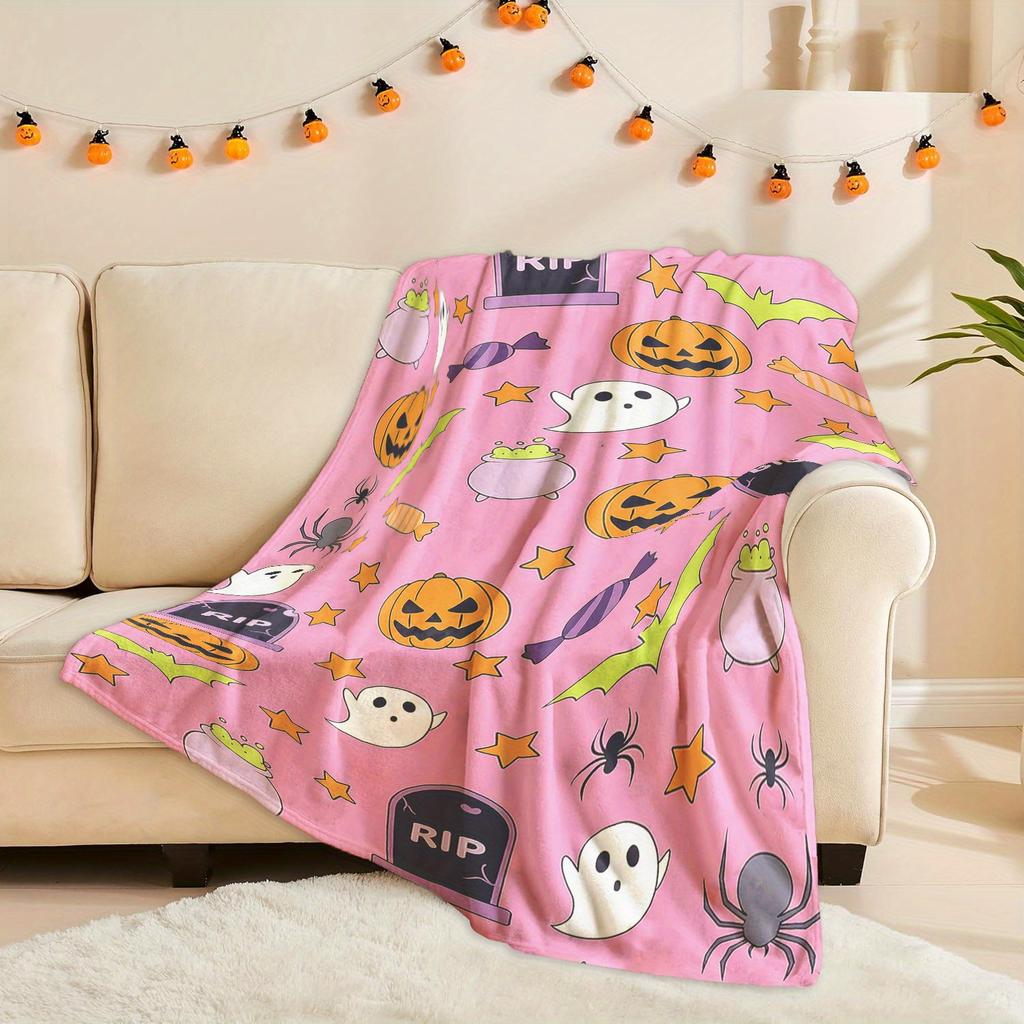 1pc Halloween Blanket with Ghosts, Bats, Pumpkins & Tombstones - Soft Pink Purple Orange Yellow Flannel Throw for Couch, Bed
