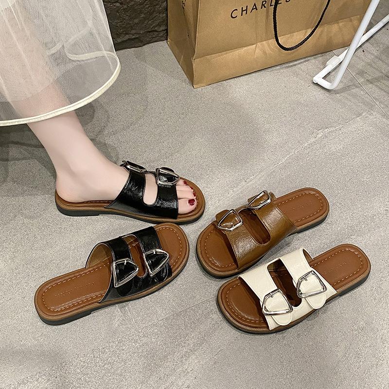 Beach cool slippers women's 2025 summer new one-pedal lazy versatile outer wear belt buckle flat bottom one-word drag