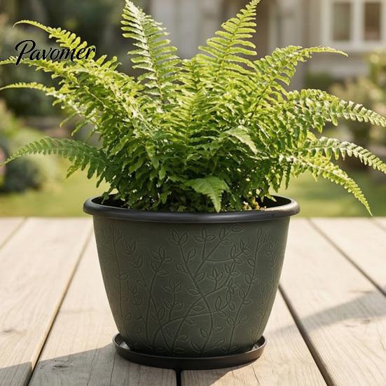 Large Plastic Planters for Outdoor 12 Inch Thickened Flower Pots Indoor, Leaf-Pattern Texture Stable Heavy Duty Plant Planter with Drainage