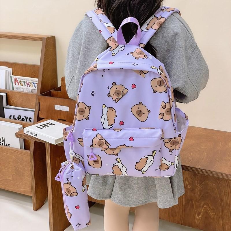 Dual Trendy Capybara Shoulder Backpack Featuring Pencil Holder For School Kids
