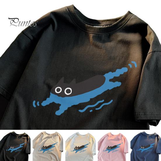 Par Casual T-skjorte Tegneserie Svart Katt Trykk T-skjorte Rund Hals Løs Sommer Topp for Menn Kvinner Hjem Gym Streetwear