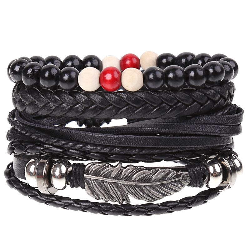 Retro Woven Cowhide Leather Men's Bracelet Set - European & American Handmade DIY Knot