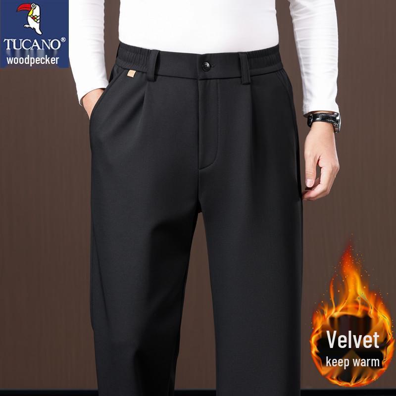 Woodpecker Men's Elastic Waist Wool Trousers - Loose Wide-Leg Casual Pants for Spring & Autumn