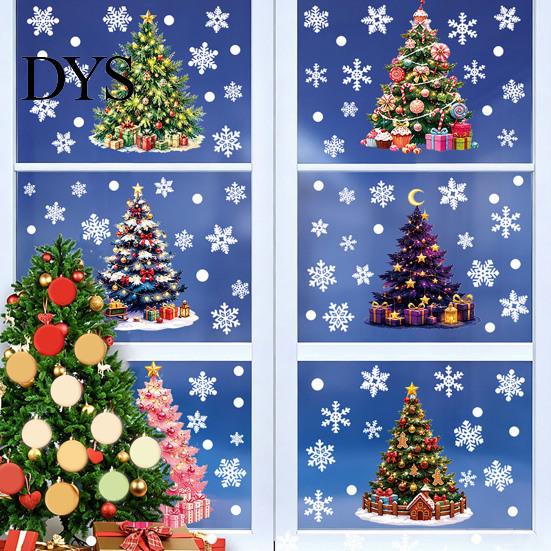 Colorful Snowflake Glass Clings 6Pcs Christmas Tree Static Window Sticker, PVC Cling, Removable Decal Transparent Film for Holiday Home Decoration,
