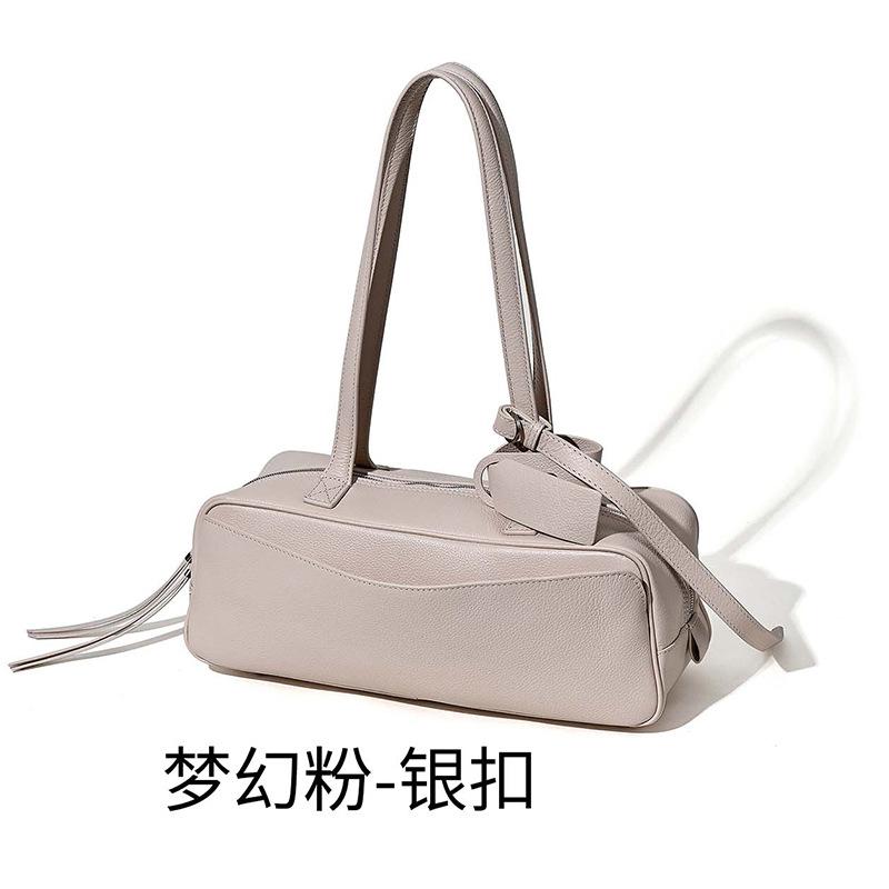 New Bowling Bag Simple and Fashionable First Layer Cowhide Messenger Women's Bag Baguette Bag