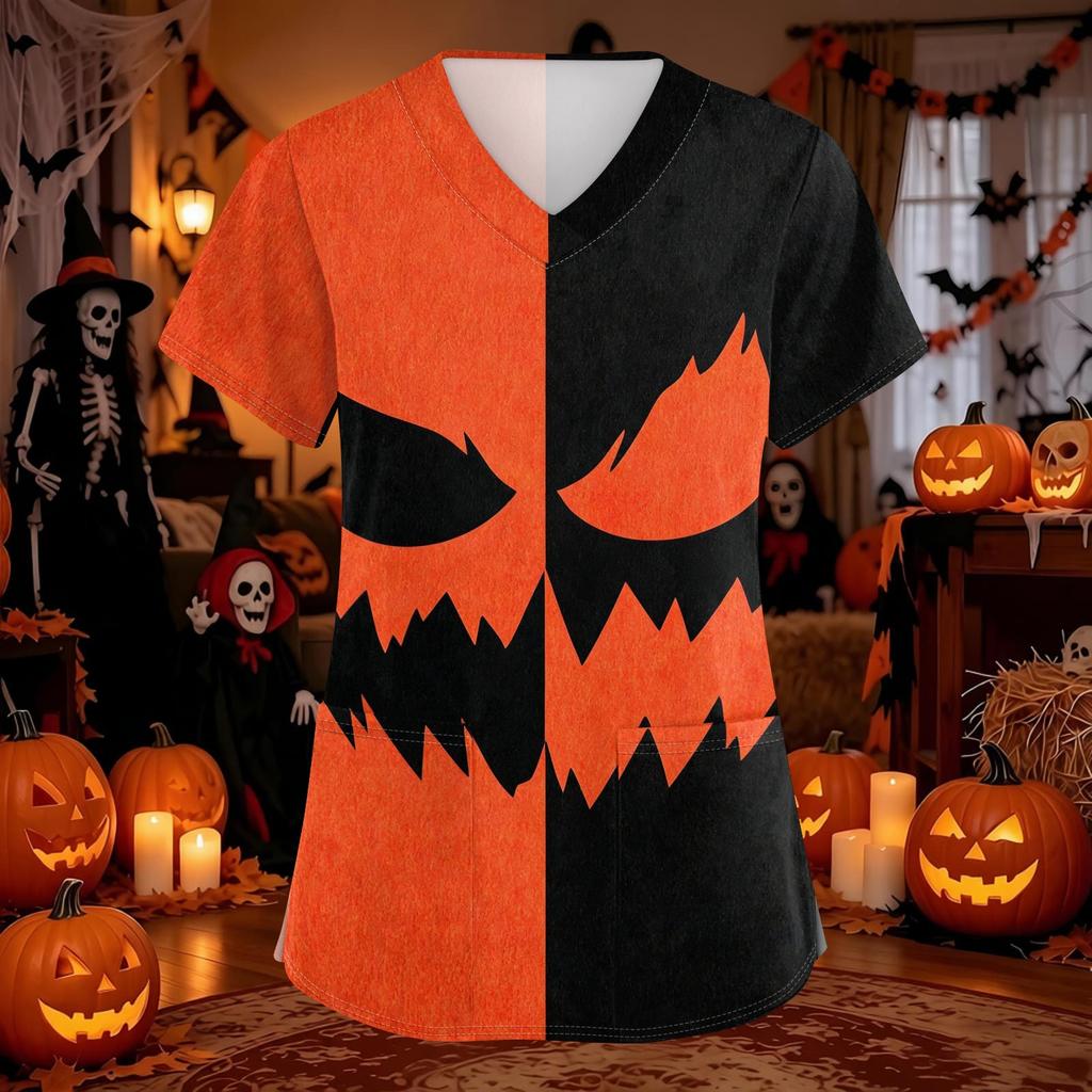 Women's Halloween Print Scrub Top V-Neck with Pockets Comfortable Fit for Work and Costume
