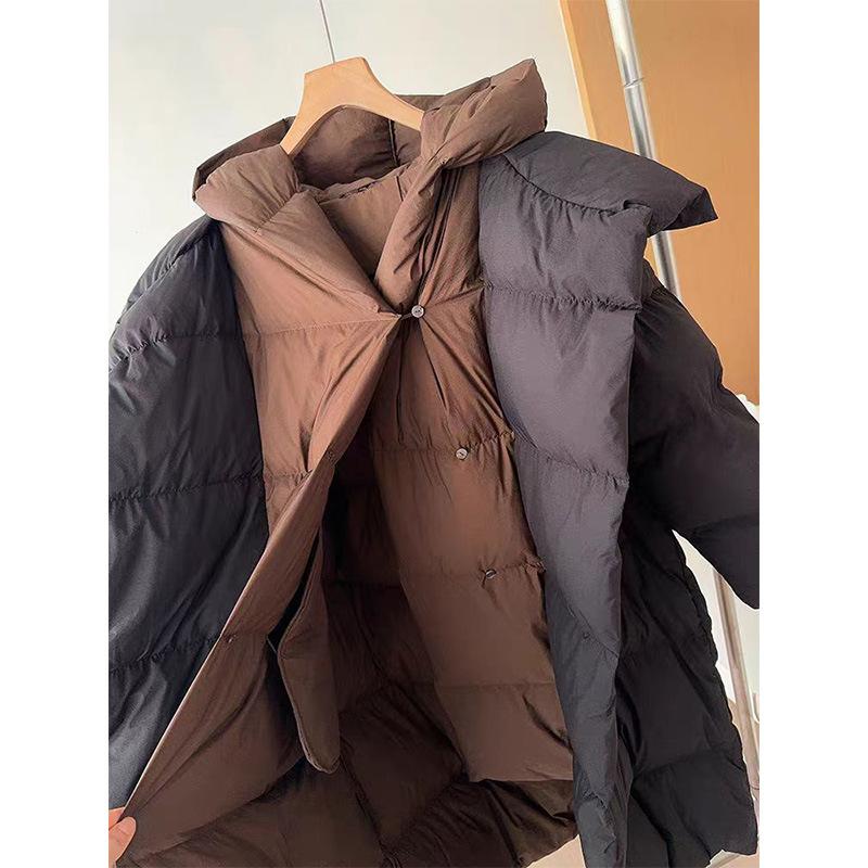 Contrasting color fake two-piece down jacket medium and long hooded warm white duck down jacket medium and long women's clothing winter