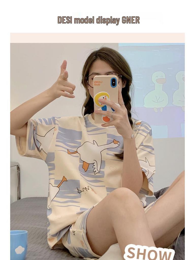 Niedliche Cartoon-Sommer-Homewear für Damen: Lockerer koreanischer Stil Kurzarm-Top & Shorts Set, Übergröße