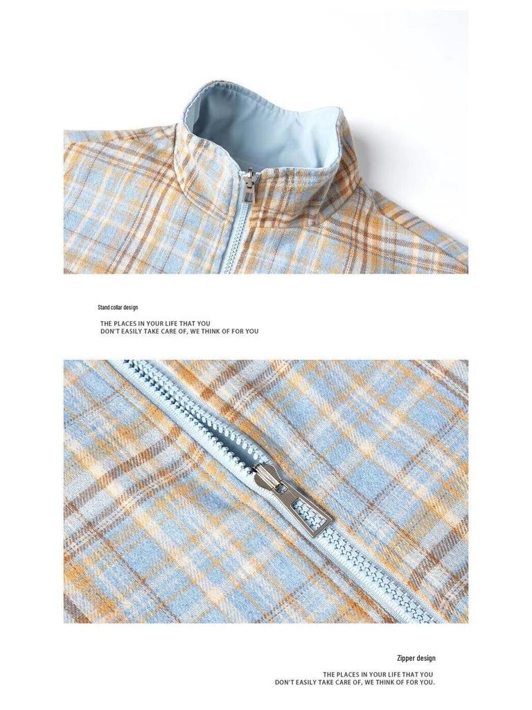 Męska gładka kurtka w kratę z zamkiem i kołnierzem stojącym na 2025 - Uniwersalna, Przystojna warstwa na wiosnę/jesień