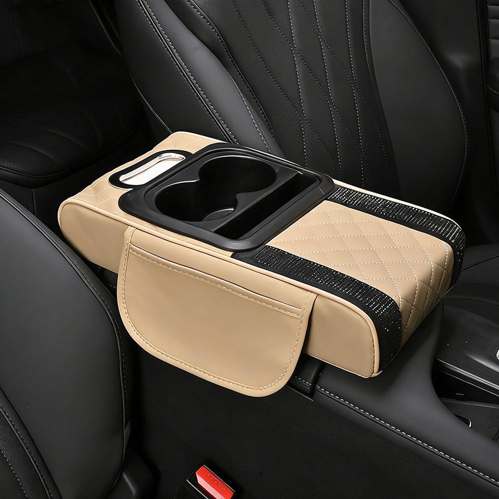 PU Leather Center Console Armrest Cushion with Cup Holder Tissue Box Height Increasing Car Armrest Pillow Multifunctional