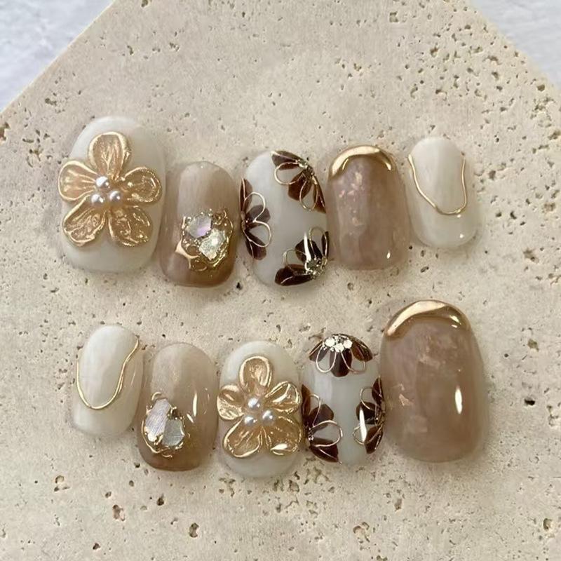10Pcs Gold Flower Cat Eye Short Oval French Handmade Press On Nails Exquisite Shiny Full Cover Fake Nails