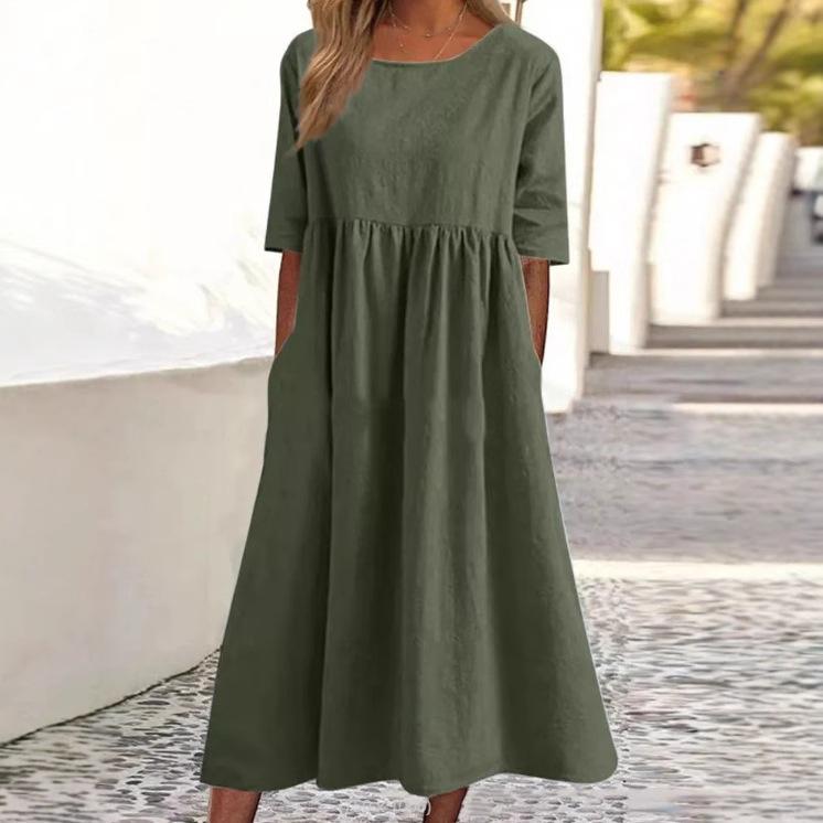 Cross-border foreign trade spring and summer new round neck 5-point sleeve large size casual loose long solid color cotton and linen dress