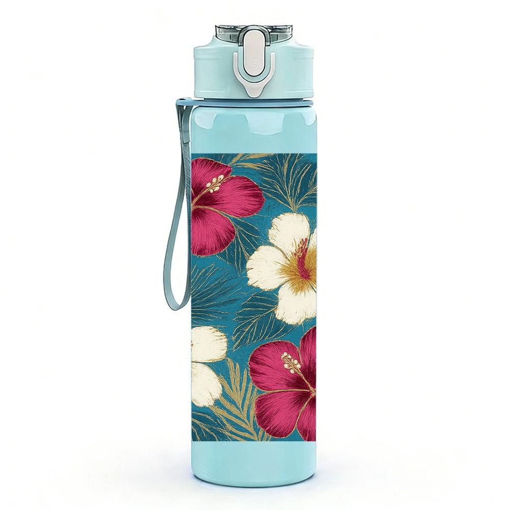 1PC Mixed Red White Wildflowers 750ml Color Plastic Sports Water Bottle Leakproof Flip Straw Lid Suitable for Sports Office Home Use
