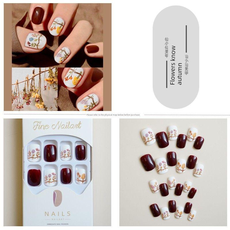

Yihuashi Fall and Winter Wear Armor Florals Oil Painting Artistic Conception Artsy Atmosphere Sense Nail Stickers Short Work Clothing Fake Nail Tip 138-A Flower Know Autumn