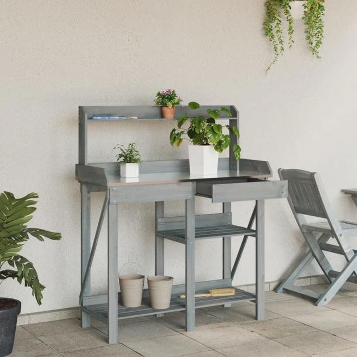 VidaXL Potting Bench with Shelves, Plant Stand with Drawer, Garden Furniture Patio Terrace, Grey Solid Wood of 368433