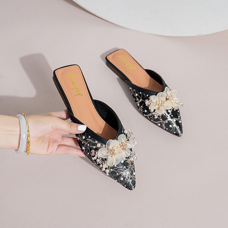 

Модные женские шлепанцы lae flower от известного дизайнера с острым носком, вышивкой, летняя обувь, женская, с кристаллами, цветочная обувь, большой размер 43 34 чёрный