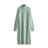 Vestido de malha canelada feminino, manga comprida, gola simulada, ajuste solto, fenda lateral, outono, elegante, suéter, gola alta, cor sólida, vestido midi de malha para mulheres