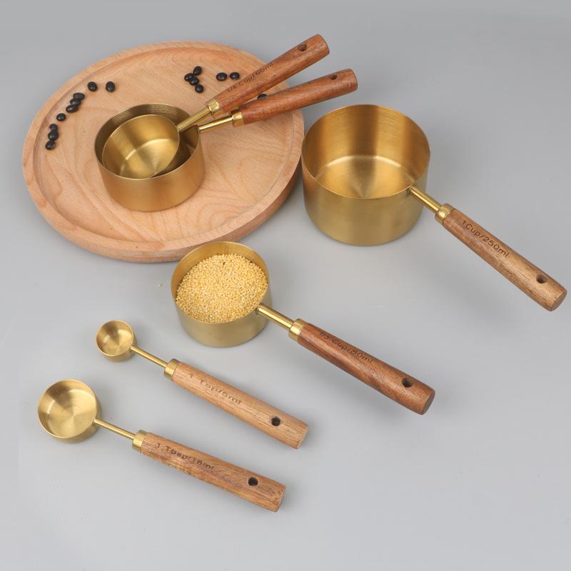 Copper & Acacia Wood Handle Measuring Spoons and Cups: 8-Piece Stainless Steel Set for Baking & Coffee