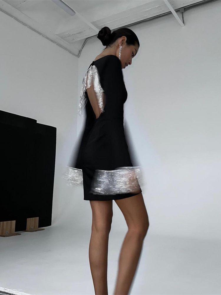European & American Tassel Fashion Black Midi Dress with Trumpet Sleeves and Open Back, 2024 Collection