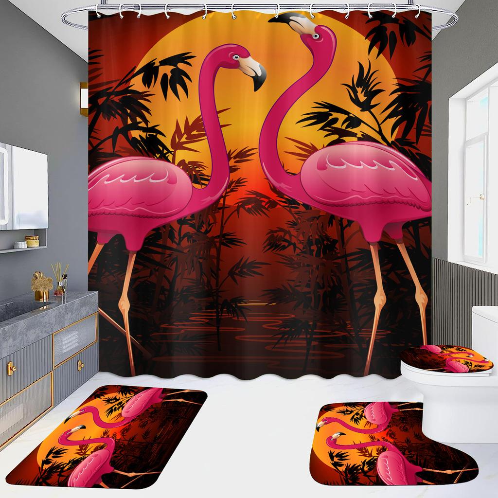 Pink Flamingo Printing Shower Curtain Set For Bathroom Non Slip Lovebird Bath Mat And Curtain Set Bath Rug Toilet Carpet