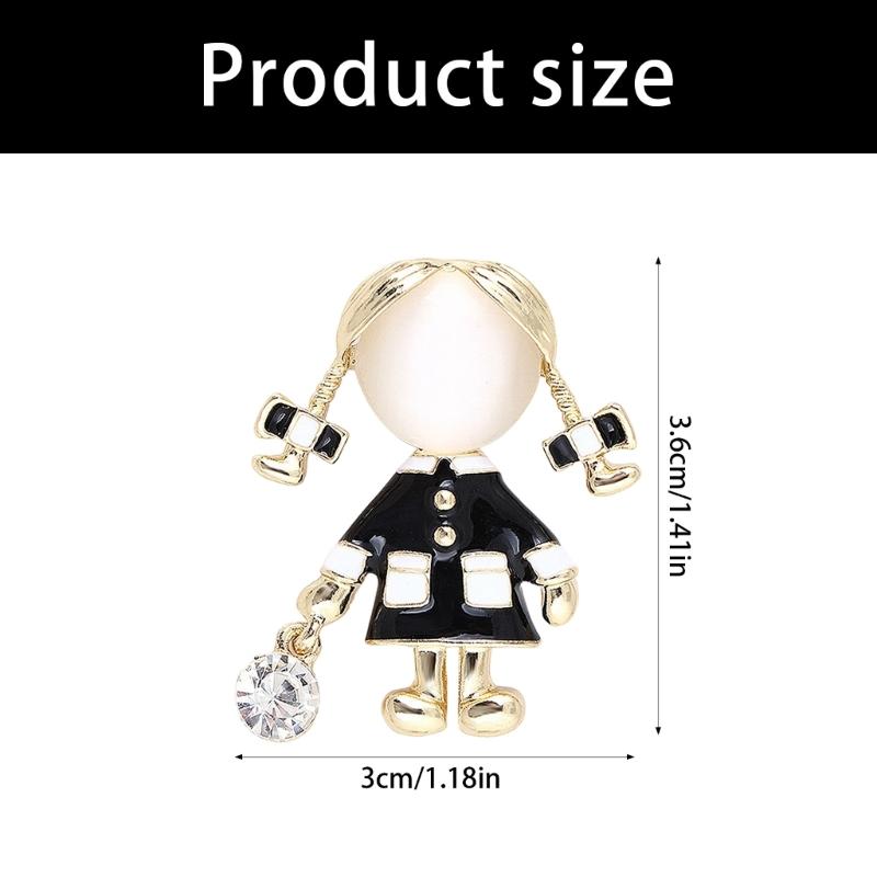 Character Brooch Pin for Women Gold Tone Alloy Girl Design with Black and White Enamel Style Detail for Jackets Scarves Bags and Daily Wear