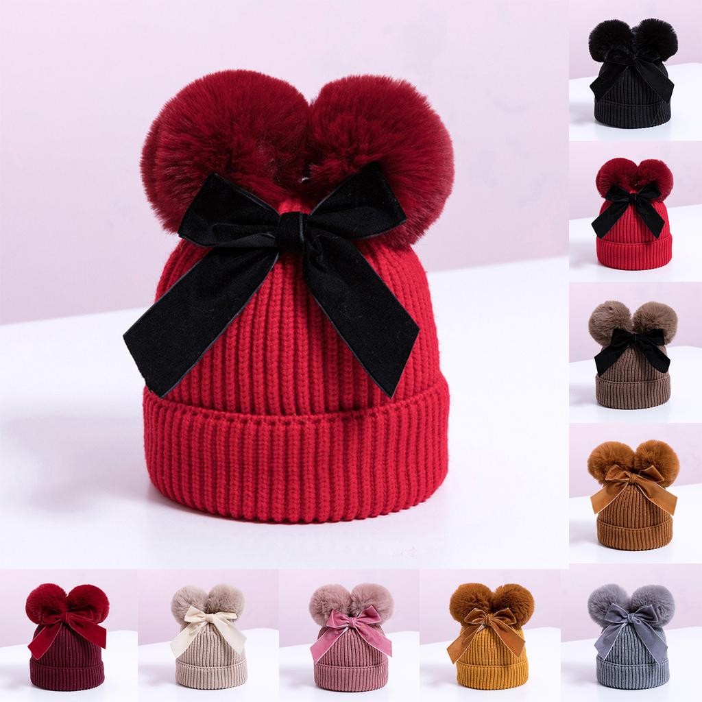 Double Ball Bow Cross-border Preferred Baby Hat Yarn Children's Hat Thickened Baby Hat Children's Knitted Hat