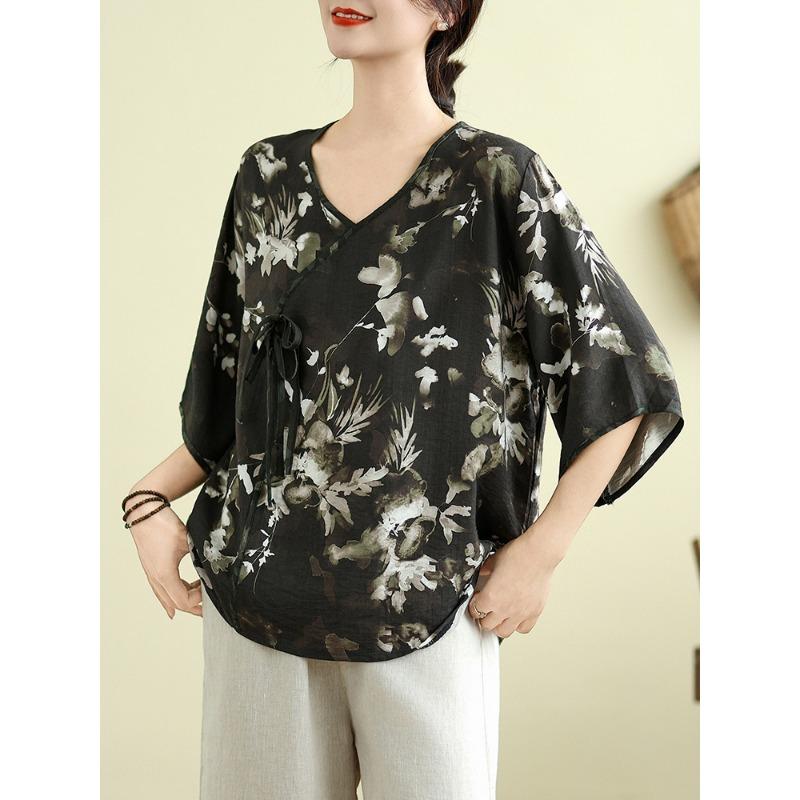 New Chinese style oblique placket ink print large size women's shirt summer retro three-quarter sleeve loose versatile short-sleeved top