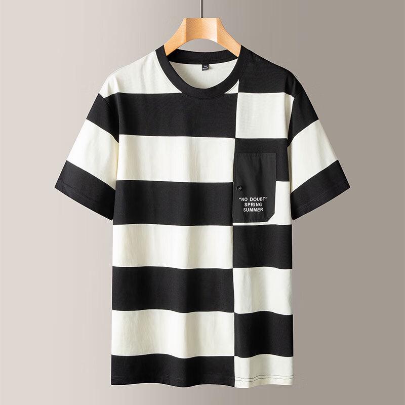 Мужская футболка DIBINZE большого размера, в полоску, с цветовыми блоками, повседневная, с коротким рукавом 185