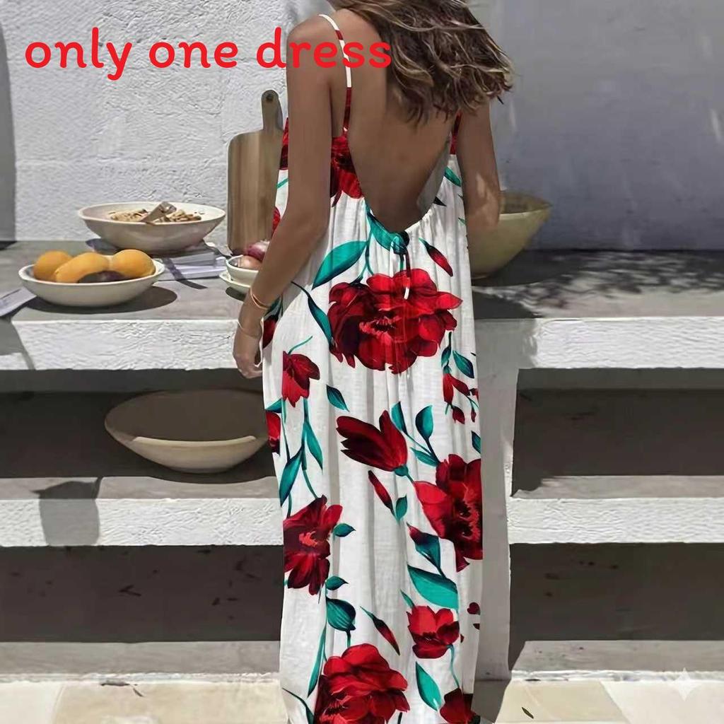 Maxi Abito Estivo Stampato Senza Schiena con Spalline Annodate per Uso Casual in Vacanza al Mare