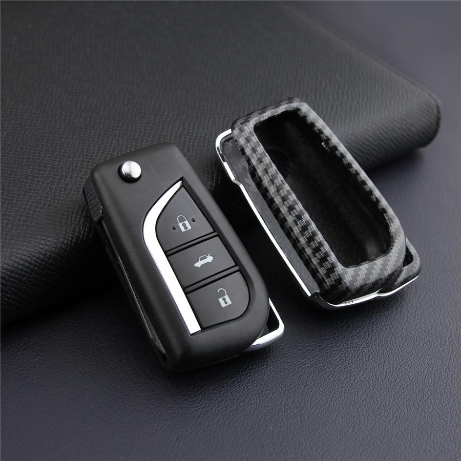 Carbon Fiber Flip Key Case Hard Shell Cover Accessories For Toyota Camry C-HR