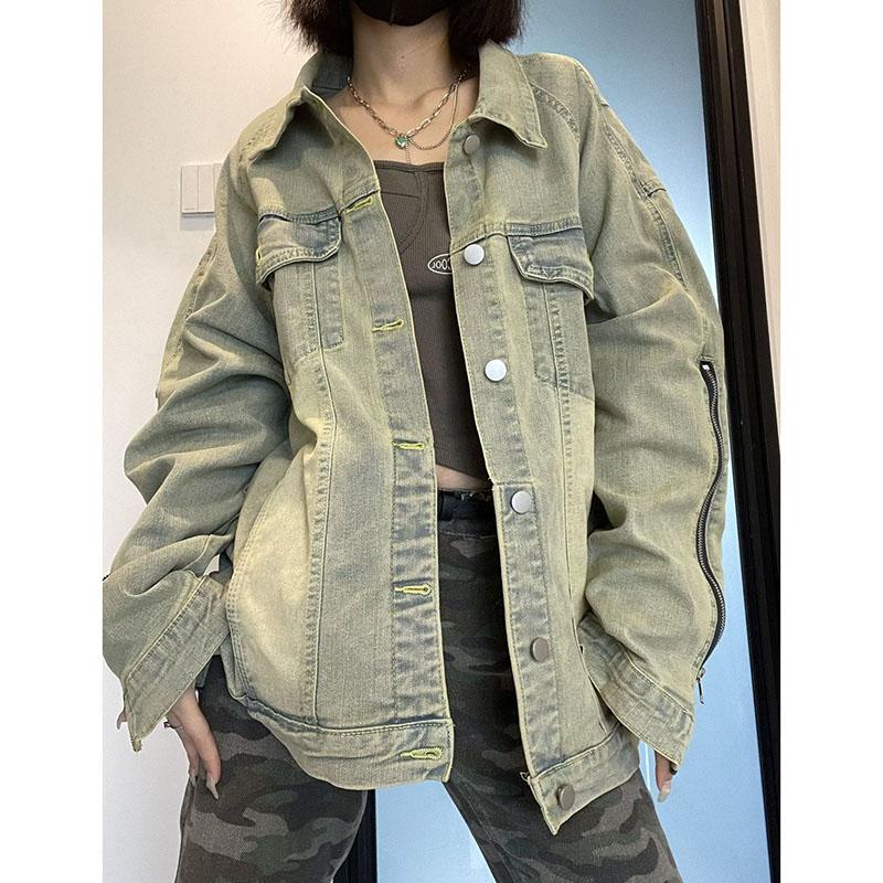 

Винтажная уличная джинсовая куртка, женская свободная верхняя одежда на молнии с длинными рукавами, пальто для женщин, осенняя свободная верхняя одежда, женская джинсовая куртка