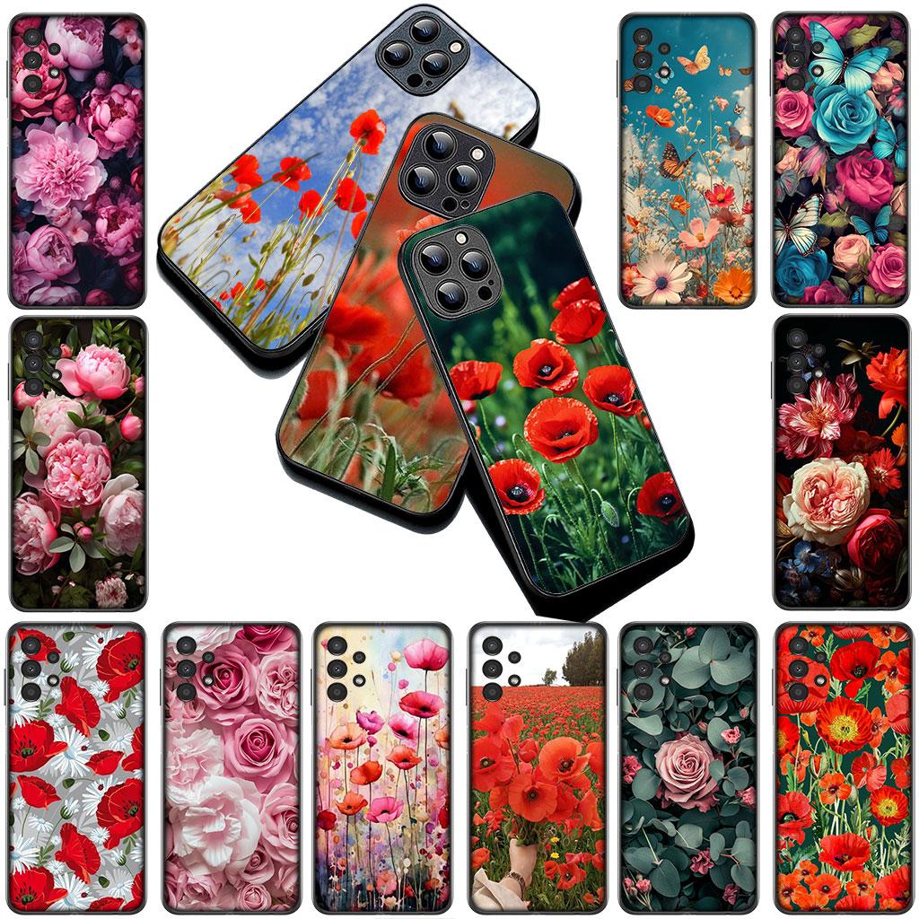 Phone Cover for Samsung Galaxy S25 S24 S23 FE Ultra Plus S7 Edge S25+ S23+ A56 5G Funda Casing Soft Case Poppy Flower Bloom Rose
