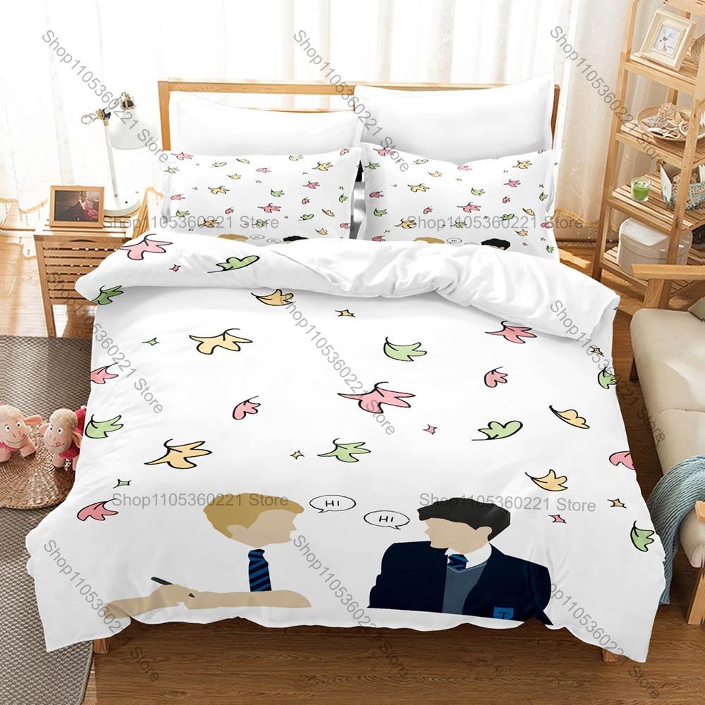 Heartstopper N-Nick Charlie Hand Holding Autumn Leaf Pastel Blue Pink Cute Teen Love Duvet Cover + 2 Pillowcases Book Series