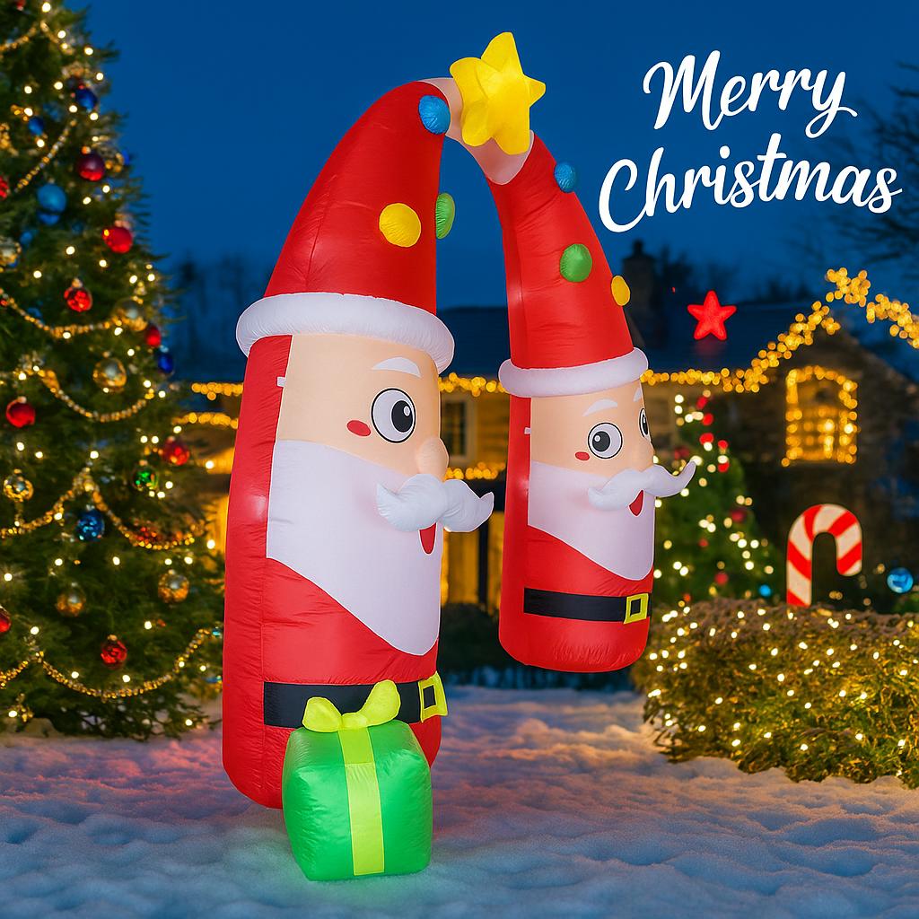 8.8FT Inflatable Christmas Santa Archway Xmas Yard Decoration LED Star Gift Toy Boxes Double Santa Design Home Ornament Gift