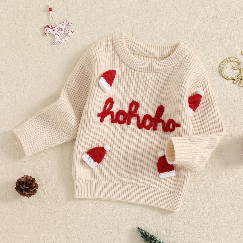 Autumn and Winter Cute Knitted Children's Christmas Sweater Warm Casual Boys and Girls Jumper Letter Embroidery Santa Hat Children's Pullover Top