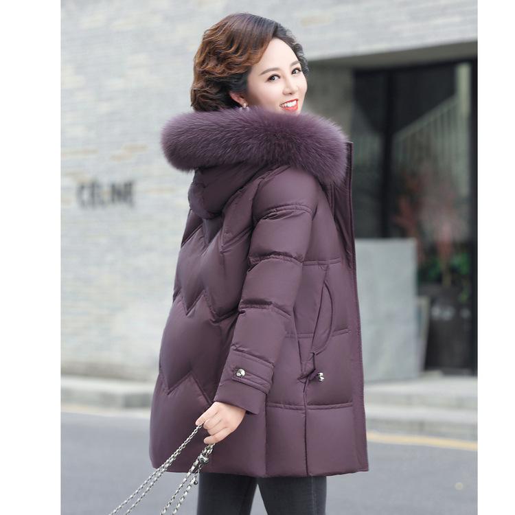 Hooded Can Be Taken Off The Fur Collar Solid Color Fashionable Mid-length White Duck Down Jacket Middle-aged and Elderly Women's Down Jacket