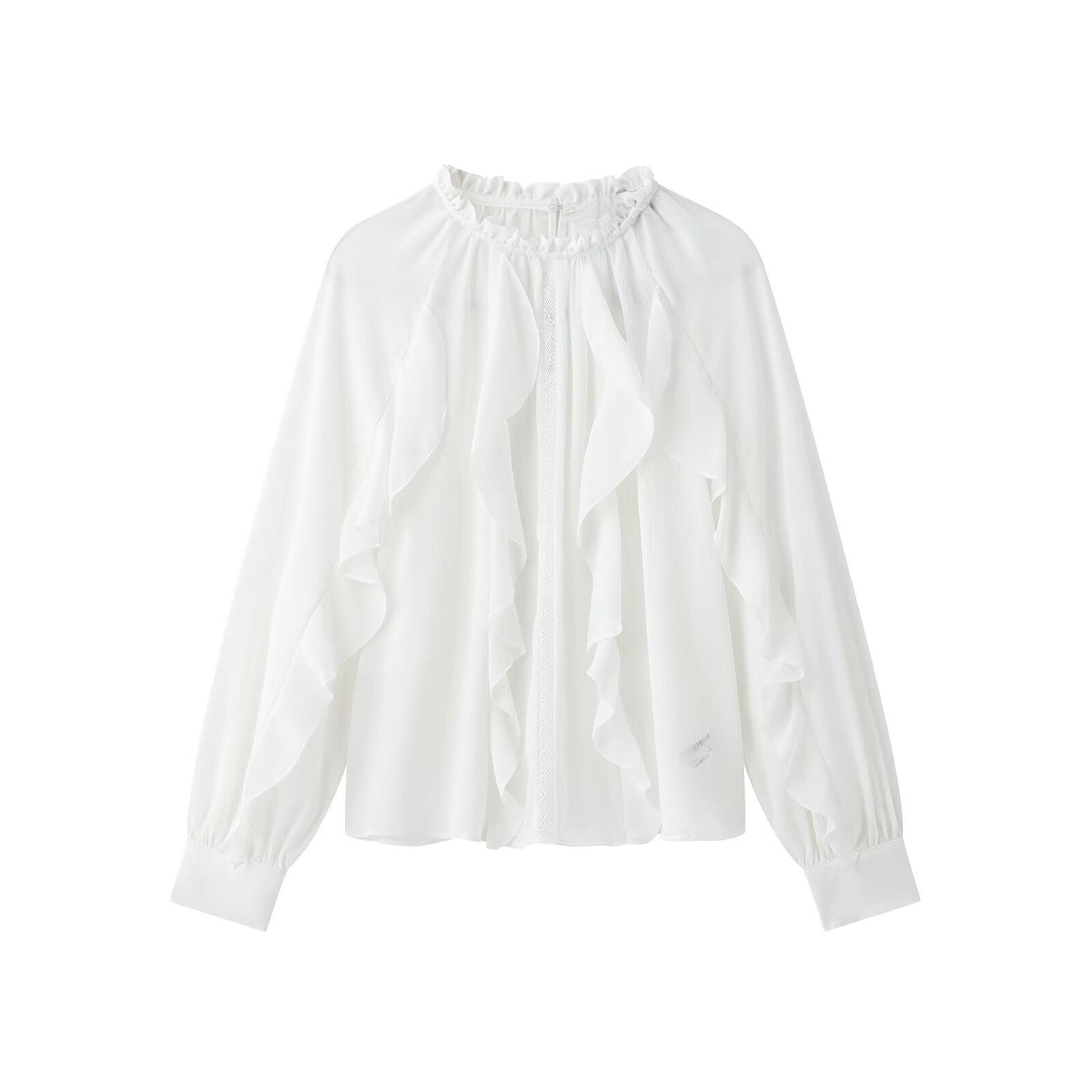 

2025 Spring Women s Long-Sleeve Ruffle Pleated Round Neck Shirt Medium білий
